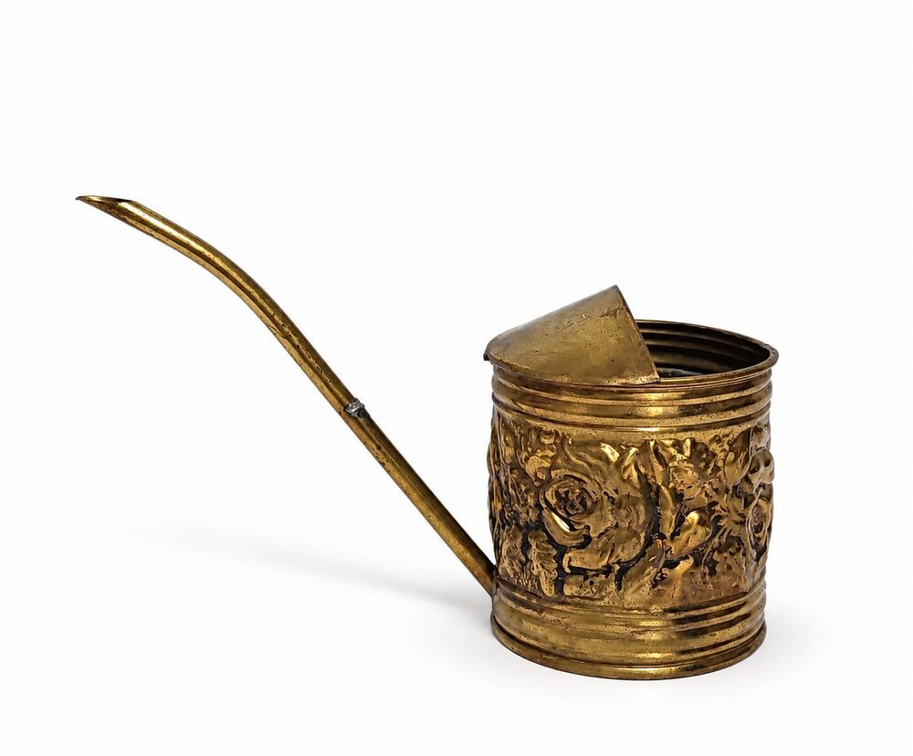 Vintage Brass Tone Watering Can Ornate Embossed Floral Cottage English MCM